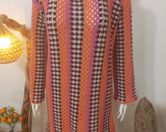 Crochet Granny Square Mini Dress: Retro Striped Knit Outfit