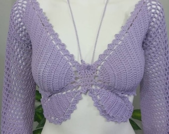 Crochet Butterfly Crop Top: Handmade Cotton Boho Festival Bralette