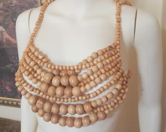 Cadena corporal de cuentas de madera, cuerpo hecho a mano, atuendo de fiesta, sujetador valiente, regalo para ella, top, collar de hombro, joyería de bikini, joyería de festival
