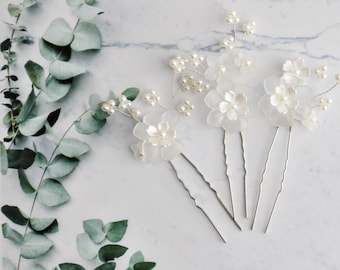 Juego de 3 horquillas para el pelo de novia con perlas: tocado de boda con flores doradas, accesorios para el pelo hechos a mano con flores, elegantes horquillas para novia y dama de honor