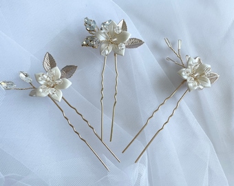 Conjunto de 3 horquillas para el pelo con flores de marfil, cristal de ópalo, hoja de oro rosa y algo azul, horquilla para el pelo de boda con cristales florales, accesorios para el pelo de novia.