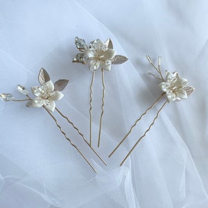 3 Piece Set Ivory Flowers, Opal Crystal Rose Gold Leaf Something Blue Hair Pin, Floral Crystal Wedding Hair Pin, Bridal Hair Accessories