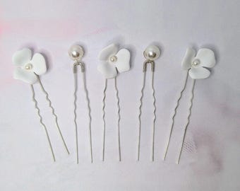 5 horquillas para el pelo con perlas y flores: flores para el pelo de novia, accesorios para el pelo de boda, horquillas florales