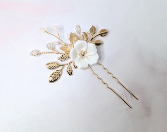 Horquilla pequeña de cerámica blanca con flores, accesorio para el cabello de boda, accesorio para el cabello de novia, horquilla floral para boda, horquilla floral con perla dorada