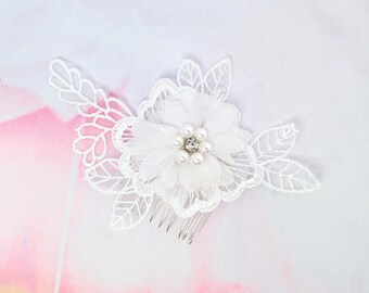 Peineta de pelo de plata con flores de encaje, tocado de novia, accesorio para el pelo de boda, pinza con flor de perla