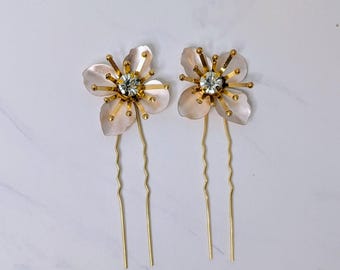 Horquillas Golden Blossom - Juego de 2 horquillas con diseño floral de perla y cristal