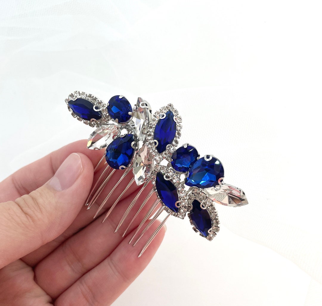 Elegant Royal Blue and Clear Crystal Silver Hair Comb, Wedding Hair