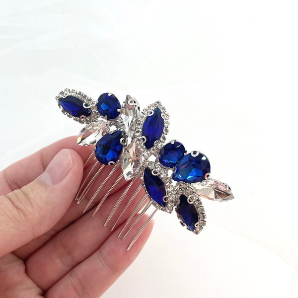 Elegant Royal Blue and Clear Crystal Silver Hair Comb, Wedding Hair Accessory for Brides, Bridal Hair Accessory, Blue Crystal Hairpiece