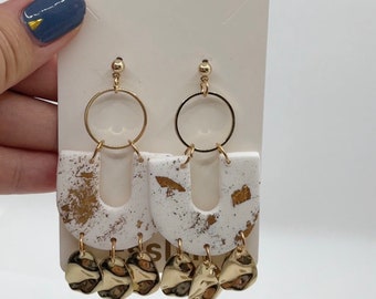 Beautiful and Classy Gold Earring, Gold U-Shaped Push Through Dangle Earring, Gold Marble Clay Earrings, Gold Foil Earring