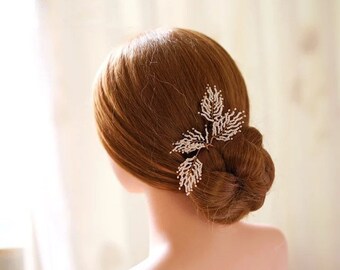 Feather Shape White Beads Hair Pin, Gold Bridal Hair Pin, Wedding Hair Accessory, Bridal Hair Piece Wedding Hair Piece Bridal Hair Accessory