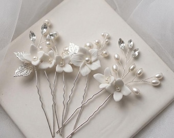 Floral Wedding Hair Pins Set Pearl Crystal Bridal Piece White Flower Headpiece 4pc