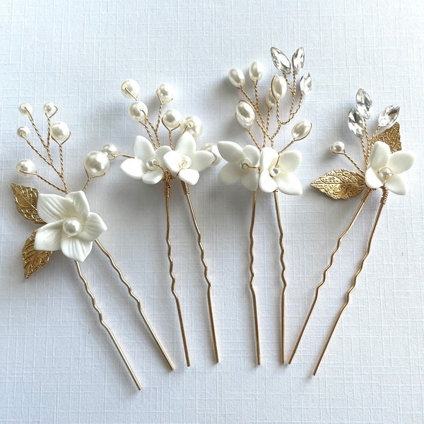 4 épingles à cheveux florales, accessoire de cheveux de mariage pour mariée, accessoire de cheveux de mariée, épingles à cheveux pour mariée, épingle à cheveux de mariage fleur blanche