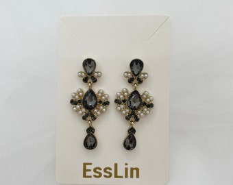 EMILIA - Charcoal Black Pearl Crystal Vintage Earring, Elegant Dangle Earring, Beautifully Unique Design Tear Drop Crystal Earring