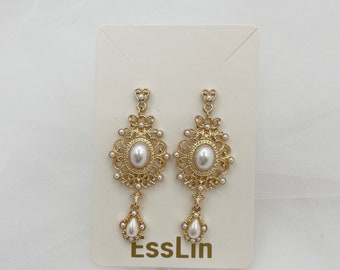 TALIA - Gold Pearl Dangle Statement Earring, Handcrafted with Petite and Oval Pearls, Vintage and Artisan Inspired Formal Party Accessory