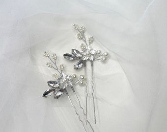 Horquilla de perlas de cristal con flor plateada, horquilla de perlas pequeñas, accesorio para el cabello de boda para novias, accesorio para el cabello de novia plateado, accesorio para el cabello de boda