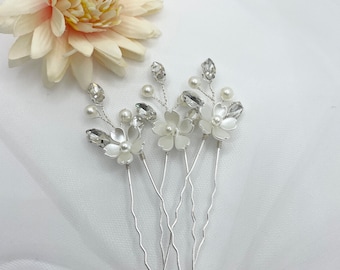 Juego de 3 delicadas horquillas florales para el pelo, horquilla plateada con perla de cristal, tocado de flores blancas perladas, accesorio floral para el pelo de boda para novias.