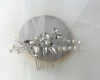 Peineta plateada elegante y brillante, peineta de boda con perla de cristal, accesorio para el cabello de boda para novias, accesorio para el cabello de novia, perla plateada
