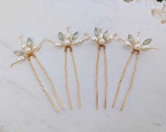 4 horquillas de perlas para novia, accesorios dorados para el cabello de boda, juego de tocados de cristal de ópalo, joyería hecha a mano para el cabello de dama de honor.