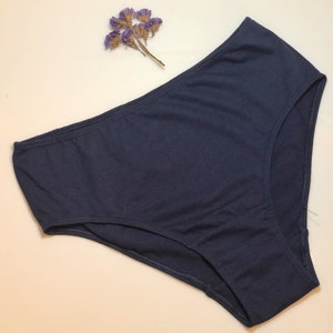 May include: A pair of navy blue underwear with a high-cut leg.