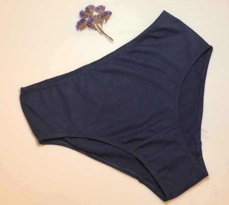 May include: A pair of navy blue underwear with a high-cut leg.