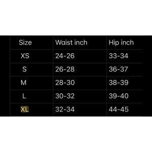 May include: Size chart showing waist and hip measurements in inches for sizes XS, S, M, L, and XL.
