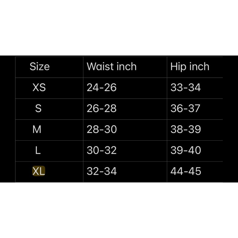 May include: Size chart showing waist and hip measurements in inches for sizes XS, S, M, L, and XL.