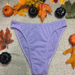 May include: A pair of purple cotton underwear with a high leg cut.