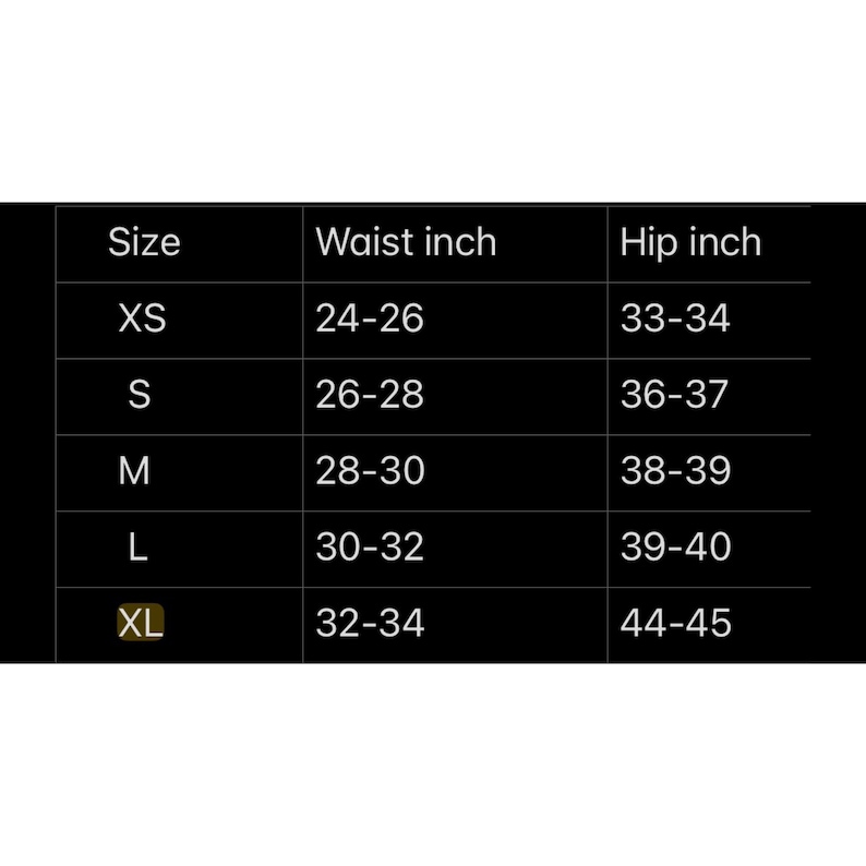 May include: Size chart showing waist and hip measurements in inches for sizes XS, S, M, L, and XL.