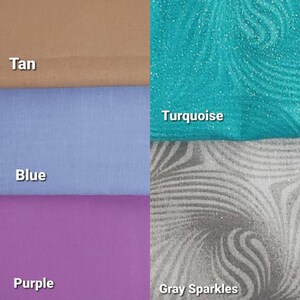 May include: Four fabric swatches in different colors and textures. The swatches are arranged in a grid, with tan, blue, purple, turquoise, and gray with sparkles.