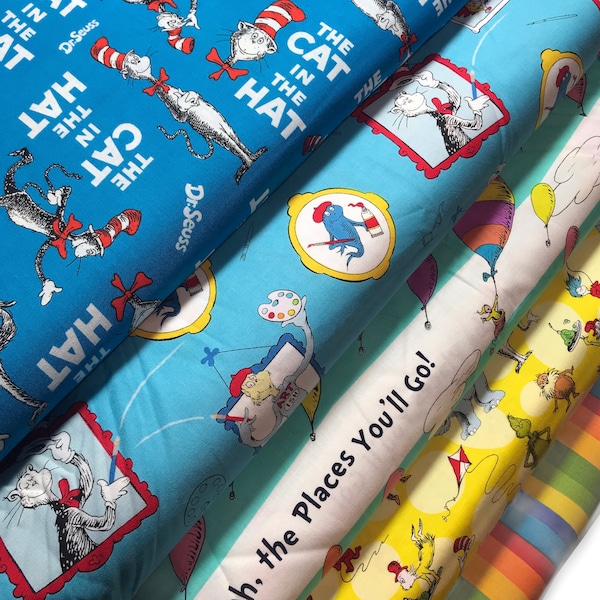 Dr. Seuss Fabric By Fat quarter FQ Half 100% Cotton 1/4 Yard Blue Fish Art Ish Painter Paint Brush Red Yellow Cat in the Hat