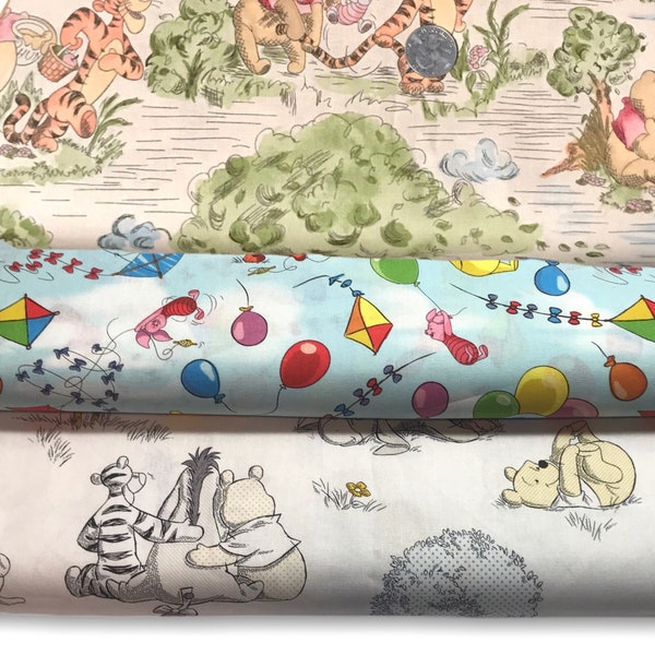 Winnie the Pooh Print Fabric By the Yard FBTY Fat quarters FQ Half 100% Cotton LICENSED Winnie-the-Pooh Vintage Calico Kites Balloons Piglet