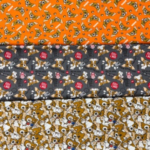 May include: Three fabric swatches with a repeating pattern of a cartoon dog with the words "Don't Feed Me" and "Trust No One" on a gray background. The top swatch is orange with a cartoon dog on a white background. The bottom swatch is white with a cartoon dog on a gray background.