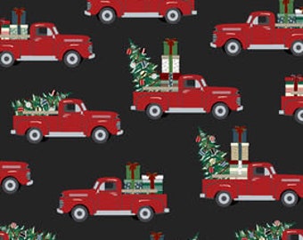 retro vintage red truck trees country holiday decor peppermint candy cane cotton by the yard Christmas trucks fabric red on red trees