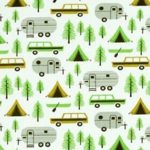 Camping and Pines Camper Print Fabric By the Yard FBTY Fat quarters FQ Half 100% Cotton Tent Camping travel