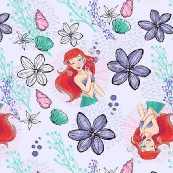 Ariel Little Mermaid Princess Fabric By Fat quarter FQ Half Patterns available 100% Cotton 1/4 Yard Disney Ocean Shellscape  Sea #2883