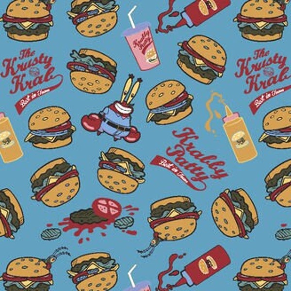 SpongeBob SquarePants Burger Krusty Krab Blue Mr. Krabs Designs Fabric By The Yard 100% Quilters Cotton Fat Quarter FQ #1559