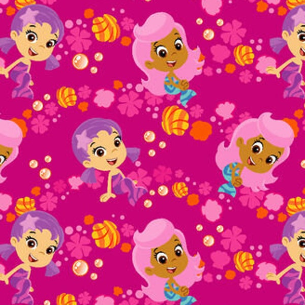 Bubble Guppies Print Fabric By the Yard FBTY Fat quarters FQ Half 100% Cotton Pink Purple Girls Oona Molly #2898
