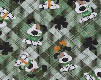 Dog Green Irish Plaid Fabric By the Yard Fat FQ Half 100% Cotton Paw Prints St. Patrick Day four leaf Clover Irish shamrock #1459