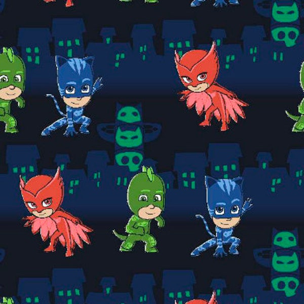 PJ Mask Print Fabric By the Yard FBTY Fat quarters FQ Half 100% Cotton Cat Boy Owlette Gecko Red Blue Green City #2745