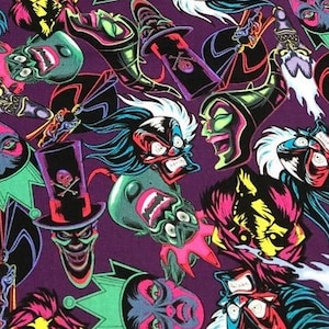 Disney Villains Cruella De Vil Ursula Hades Scar Jafar Fabric By the Yard FBTY Fat quarters FQ Half Many Pattern available 100% Cotton #1738
