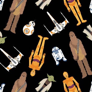 May include: Black fabric with a repeating pattern of Star Wars characters. The characters include Chewbacca, Yoda, R2-D2, C-3PO, a TIE fighter, and a Death Star.