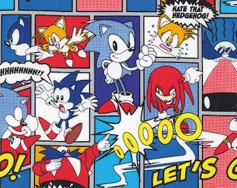 Sonic the Hedgehog Hedgehog Fabric By the Yard FBTY Fat quarters FQ Half 100% Cotton Sega game Blue Tails Too Slow Comic Classic #4299