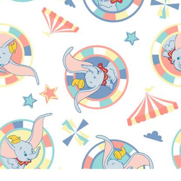 Dumbo Print Fabric By the Yard FBTY Fat quarters FQ Half 100% Cotton Disney Fabric Badge elephant floppy ears Circus Tent #3429