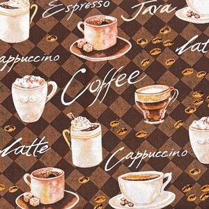 May include: A repeating pattern featuring various coffee drinks like lattes, cappuccinos, and espressos, along with coffee beans. The design includes the words "Coffee," "Mocha," "Caffe," "Java," and "Latte" in a handwritten style, set against a brown checkered background.