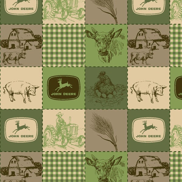John Deere Fabric By Fat quarter FQ Half Many Patterns available 100% Cotton 1/4 Yard Green Tractor Farm Barn Deer #2012