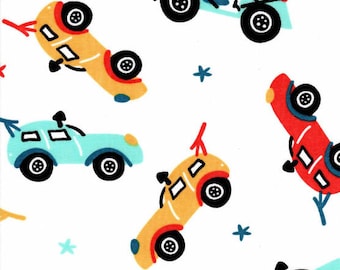 May include: A white background with a repeating pattern of colorful cartoon cars. The cars are in various colors, including yellow, red, and blue, with black wheels and accents. Some cars have red or black antennas. The overall design is playful and suitable for children's products.