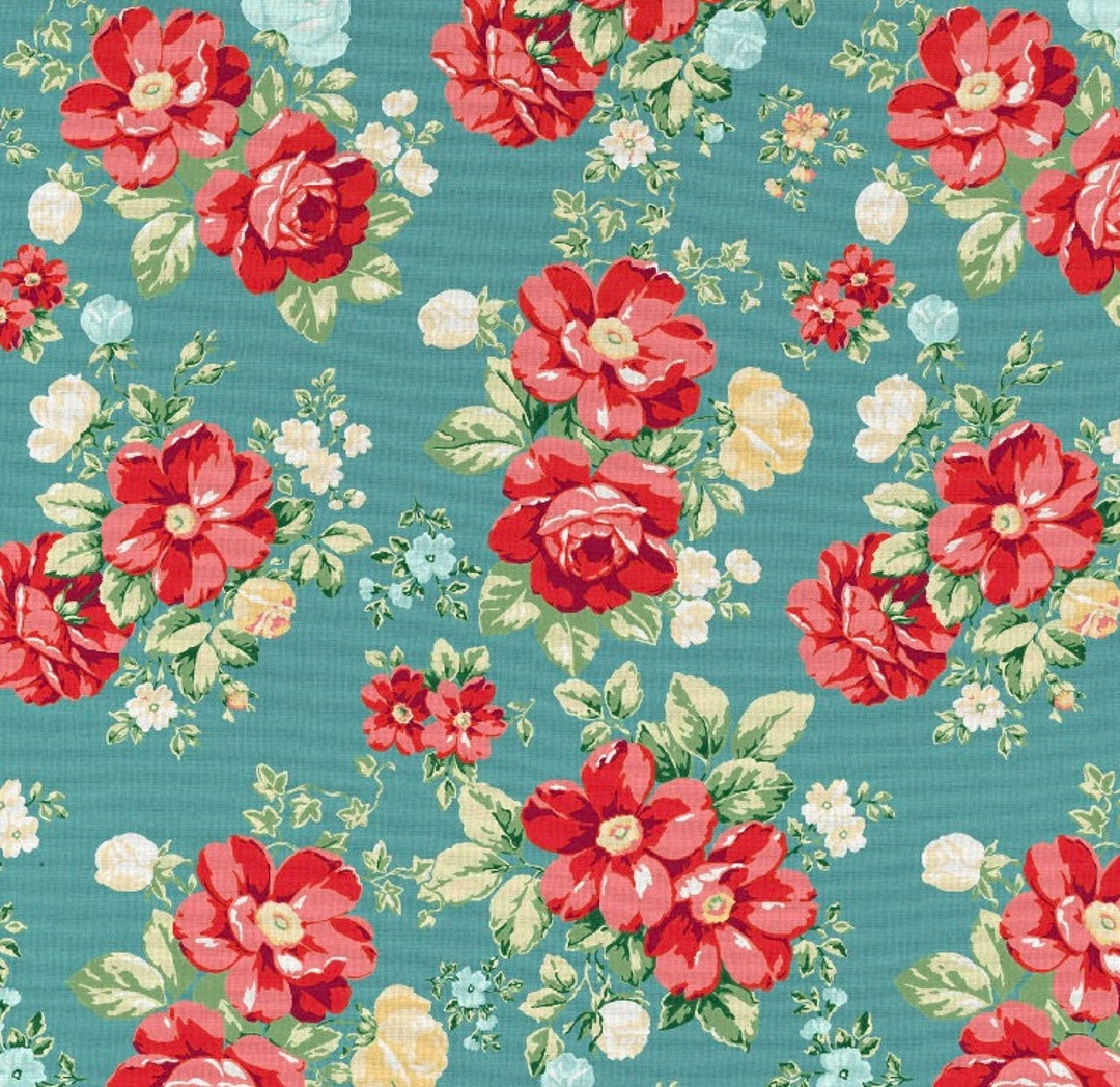 The Pioneer Woman Vintage Floral Teal Fabric by the Fat Quarters FQ ...