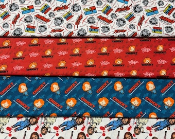 May include: Three fabric swatches with different patterns featuring the character Chucky from the horror movie Child's Play. The top swatch is white with black text and red accents. The middle swatch is red with white text and black accents. The bottom swatch is blue with white text and red accents.