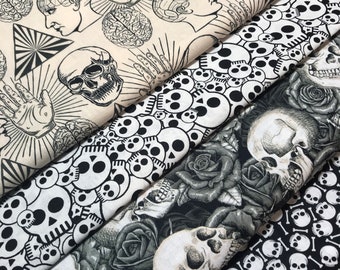 Halloween Black Skeleton Skull Science Fabric By the Yard FBTY Fat quarters FQ Half 100% Cotton Brain Pressure Points Roses Gothic
