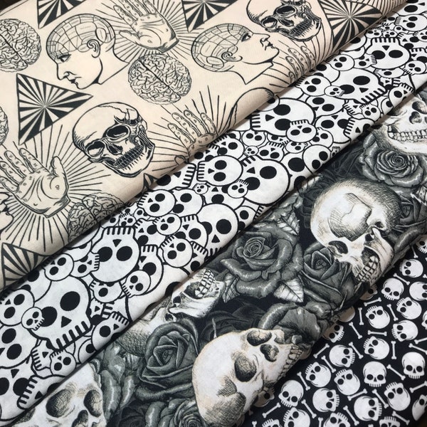 Halloween Black Skeleton Skull Science Fabric By the Yard FBTY Fat quarters FQ Half 100% Cotton Brain Pressure Points Roses Gothic